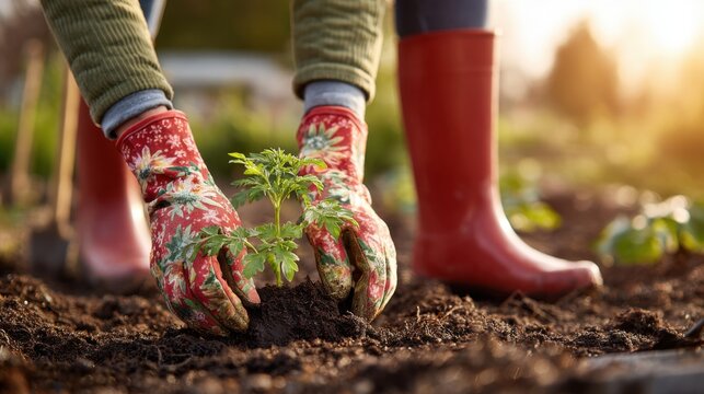 Planting an herb seedling in a warm garden during the evening glow
