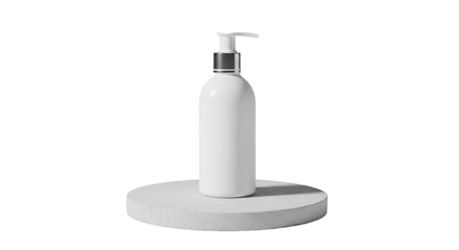 Sleek cosmetic pump bottle standing on minimal podium