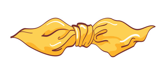 Yellow fabric wrap knot, Japanese furoshiki bow in cartoon style, with outline
