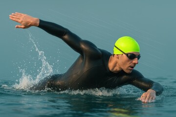 Competitive swimmer cutting through the water with dynamic energy wearing a sleek black wetsuit and neon swim cap, embodying the spirit of determination and athleticism