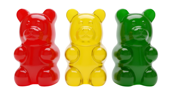 Three Gummy Bears Red Yellow Green on Black Background
