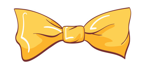 Minimalist yellow bow, flat, single loop knot ribbon in cartoon style, with outline