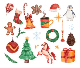 Watercolour Christmas set, greeting card, icons design. New Year symbol set.