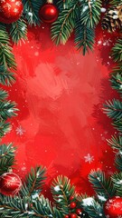 Festive red backdrop, fir branches, ornaments, and snow