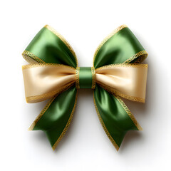 Green and Gold ribbon on white background. Top view of bow