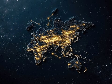 A world map illuminated by glowing lights, showing interconnected cities and transportation routes against a starry night sky.