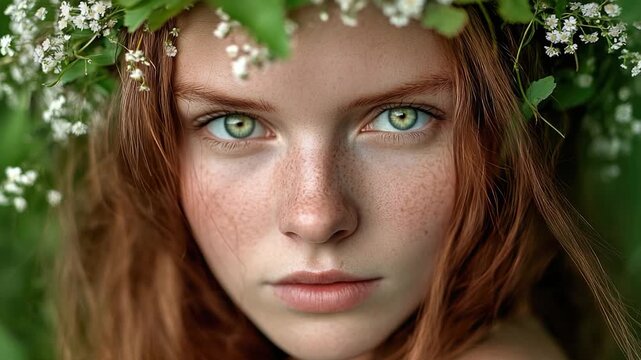 Close-up portrait of a woman with distinct freckles on her forehead, suitable for use in beauty and lifestyle editorials