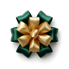 Green and Gold ribbon on white background. Top view of bow