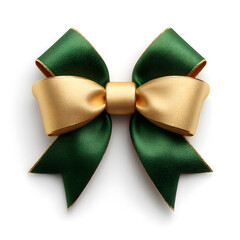 Green and Gold ribbon on white background. Top view of bow