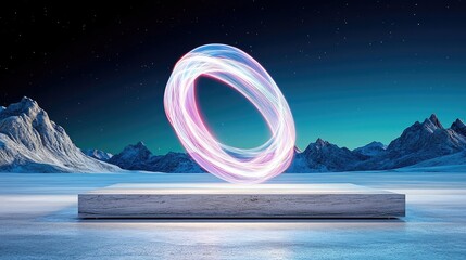A luminous, swirling ring of light is suspended above a rectangular stone platform, set against a backdrop of snow-covered mountains and a starry night sky.