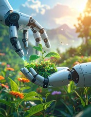 Robotic hands tending to greenery in a vibrant landscape