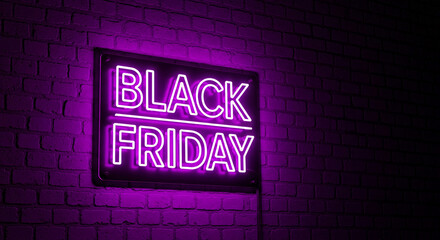 Purple neon sign "Black Friday" on a brick wall. Concept of promotion, sale, discount, representing retail or shopping events for seasonal offer