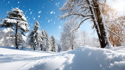 Snow blankets the ground and branches of evergreen trees as soft flakes fall silently, creating a peaceful winter atmosphere at night