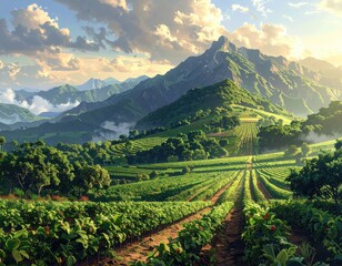 Lush hillside rows meeting mountains under a bright sky