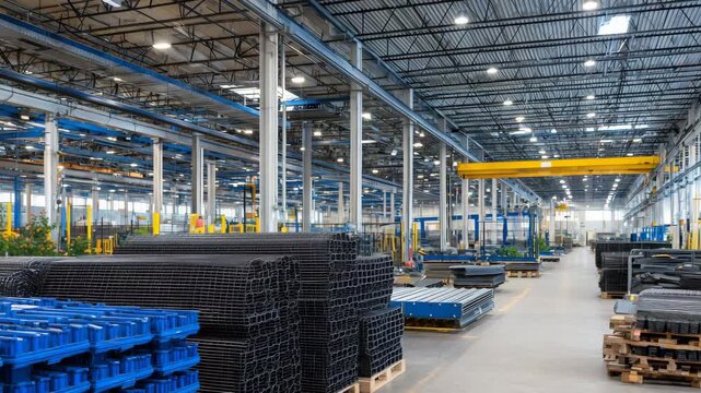 124Wide shot of a metal manufacturing plant interior, steel beams, conveyor belts, and rolls of expanded mesh ready for export, showcasing industrial capability