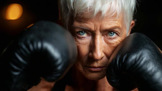 A determined elderly athlete prepares for a boxing match, showcasing fierce concentration and strength, with piercing blue eyes and powerful gloves highlighting dedication and resilience.