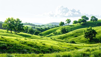 Rolling green hills meet bright sky