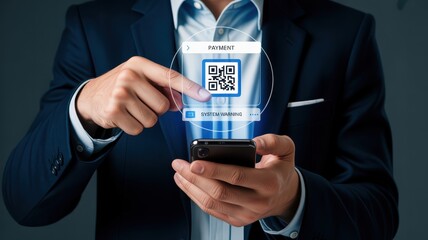 Businessman interacts with a holographic display showing a quick response code for a digital transaction