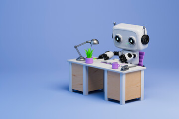 3D robot working at office desk with accessories