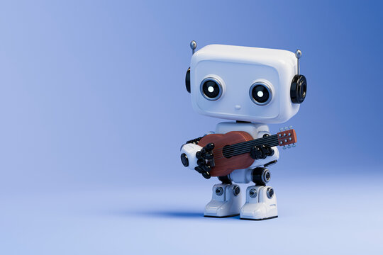 3D robot playing guitar in simple blue environment