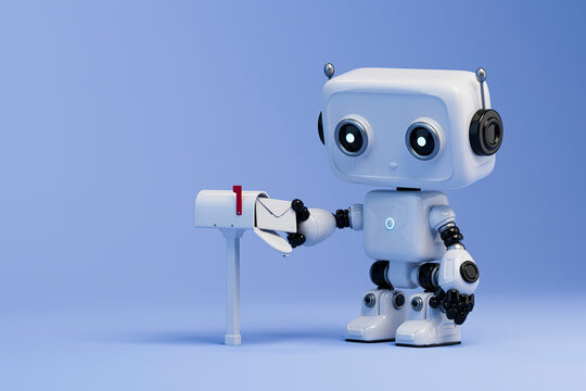3D robot checking mail at futuristic digital mailbox