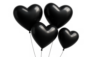 Black heart balloons floating on a transparent background representing mourning, sadness, and dark love concepts