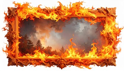 Ornate frame engulfed by flames, forest painting inside