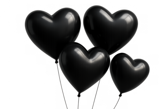 Black heart balloons floating on a transparent background representing mourning, sadness, and dark love concepts