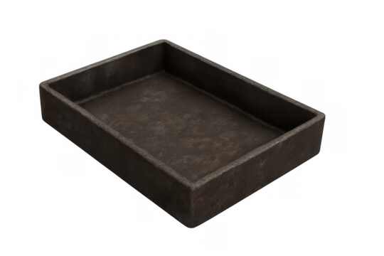 Empty dark rectangular tray isolated against transparent background for product placement and clean display