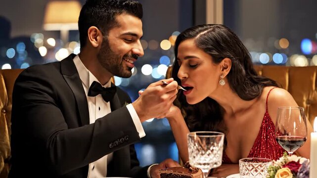 Elegant Couple's Romantic Celebration Sharing Decadent Chocolate Cake in a Luxury Rooftop Restaurant at Night