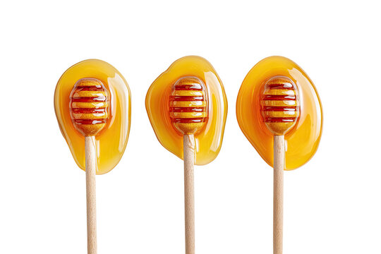 Three honey dippers,  golden honey pools around wooden sticks