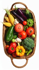 Woven basket of fresh vegetables viewed from above