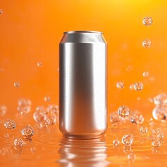 A sleek, metallic beverage can standing upright on a glossy orange surface. 
