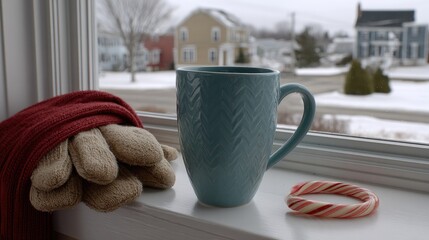 A warm cup sits on a windowsill with gloves, a cozy sweater, and festive decor, creating a tranquil winter vibe