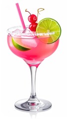 Pink cocktail in glass with fruit and ice