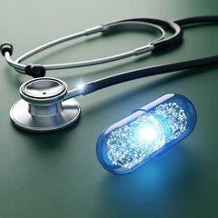 A blue pill with a glowing center sits next to a stethoscope on a green surface, symbolizing medical innovation and pharmaceutical research