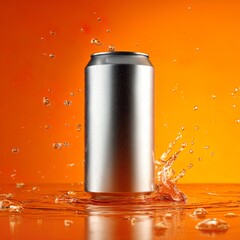 A sleek, metallic beverage can standing upright on a glossy orange surface. 