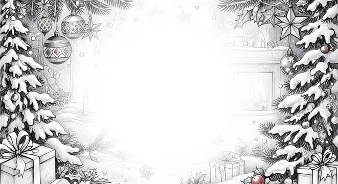 Handmade Christmas frame with snow trees, balloons, gifts and a fireplace around the edges is a black and white illustration for greetings, invitations or design.