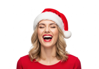Woman in santa hat laughing, isolated on transparent background
