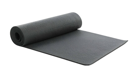 Rolled-out, textured, dark gray fitness mat on dark, seamless background