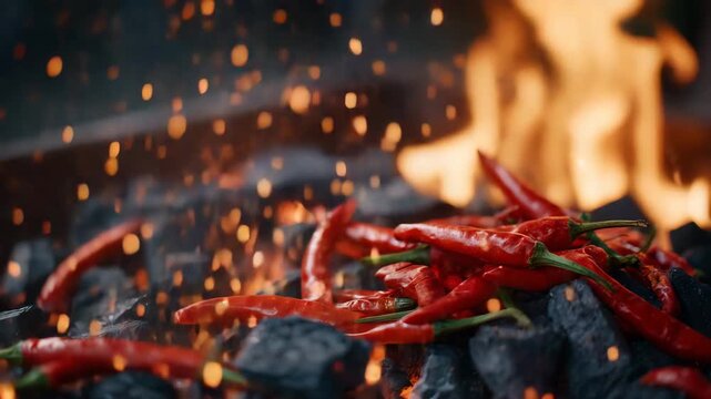 166Vibrant red chili peppers roasting on hot charcoal, embers glowing beneath, sparks flying in the air creating a fiery culinary atmosphere
