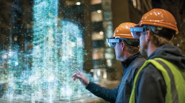 Two construction workers in hard hats interact with a holographic building model in an urban environment during night hours