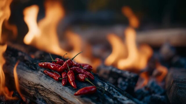 173Close-up of several chili peppers resting on charred wood, tongues of flame wrapping around them, cinematic lighting and warm tones