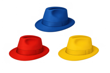 Fedoras in primary colors, blue, red, and yellow, representing fashion accessories vector illustration