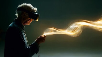 A Senior Explorer Engages with Virtual Reality, Manipulating Streams of Light and Energy, Bridging Generations Through Innovative Technology and Digital Creativity.