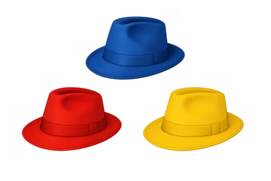 Fedoras in primary colors, blue, red, and yellow, representing fashion accessories vector illustration