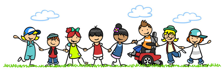 Inklusion Konzept mit Gruppe Cartoon Kinder und Rollstuhl