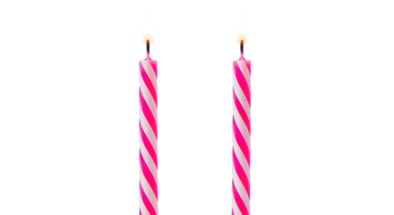 Two Pink and White Striped Birthday Candles with Flames