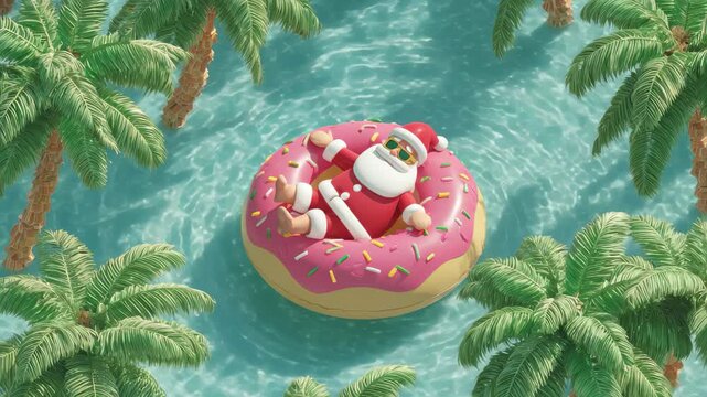 Santa Claus enjoying a relaxing day on a pink donut shaped pool float surrounded by tropical palm trees and clear water