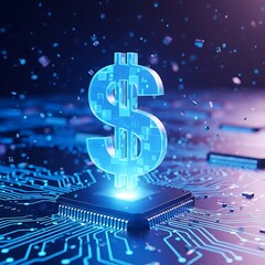 Digital dollar sign hovering above a microchip on a circuit board, symbolizing the convergence of finance and technology in the digital age